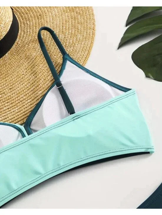 Bikini Set High Waisted Bottom & Twist Front Top Size M Green & Teal - Picture 5 of 10